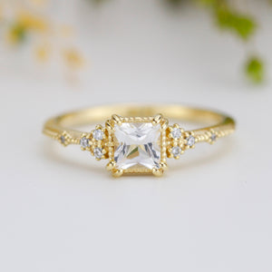 princess cut engagement ring, white topaz engagement ring, vintage inspired engagement ring |   R338WT
