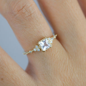 princess cut engagement ring, white topaz engagement ring, vintage inspired engagement ring |   R338WT