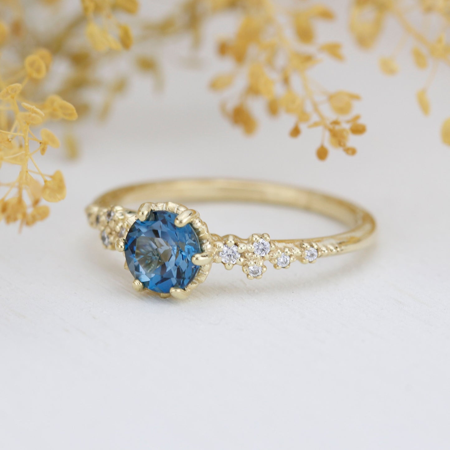 Alternative engagement ring, Unique engagement ring, vintage engagement ring, London blue topaz and diamond cluster ring | R347LBT