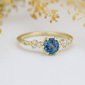 Alternative engagement ring, Unique engagement ring, vintage engagement ring, London blue topaz and diamond cluster ring | R347LBT