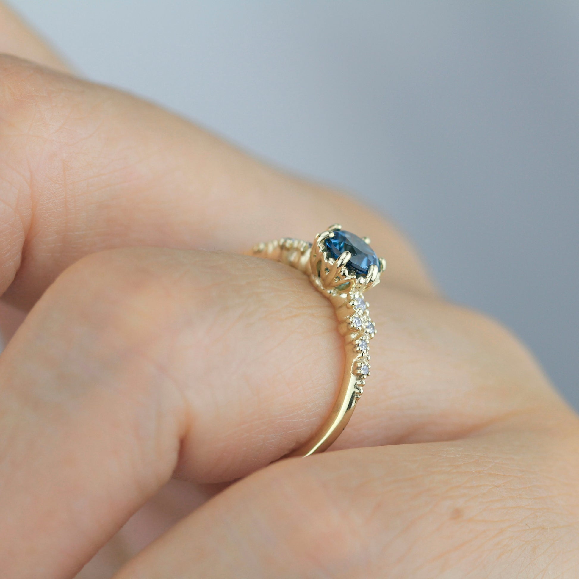 Alternative engagement ring, Unique engagement ring, vintage engagement ring, London blue topaz and diamond cluster ring | R347LBT