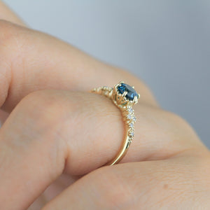 Alternative engagement ring, Unique engagement ring, vintage engagement ring, London blue topaz and diamond cluster ring | R347LBT