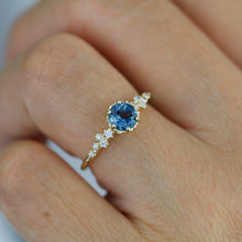 Load image into Gallery viewer, Alternative engagement ring, Unique engagement ring, vintage engagement ring, London blue topaz and diamond cluster ring | R347LBT