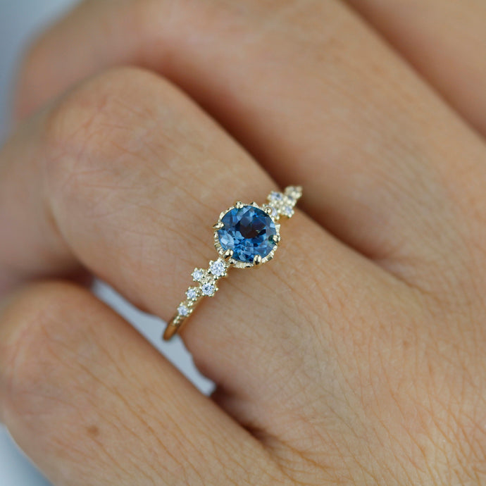 Alternative engagement ring, Unique engagement ring, vintage engagement ring, London blue topaz and diamond cluster ring | R347LBT