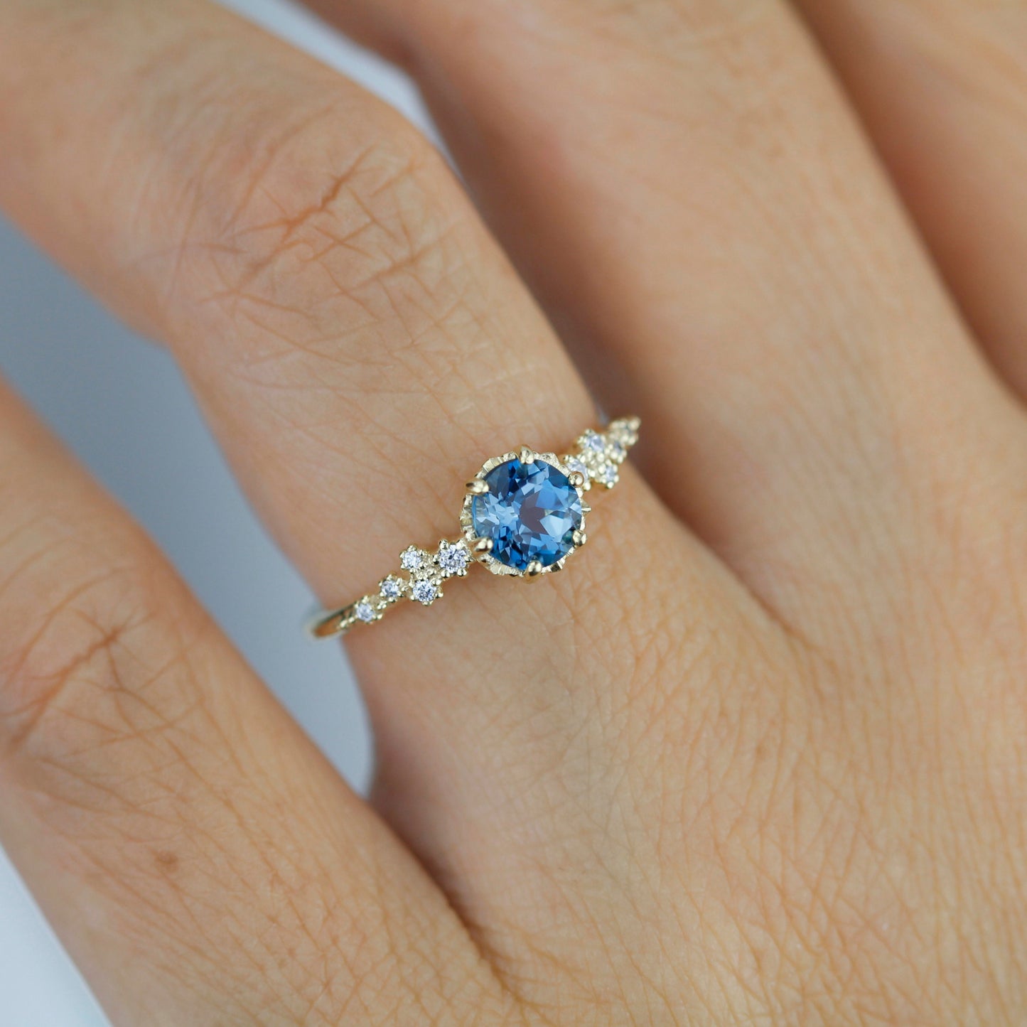 Alternative engagement ring, Unique engagement ring, vintage engagement ring, London blue topaz and diamond cluster ring | R347LBT