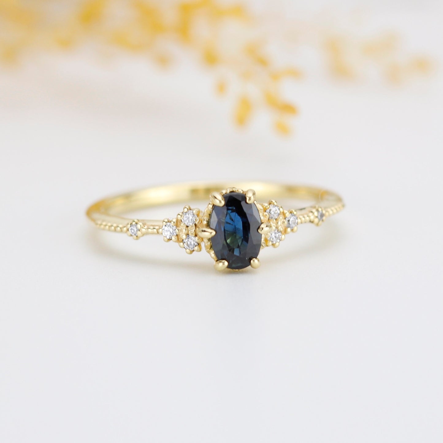 Teal sapphire engagement ring, Teal Peacock Sapphire and diamond engagement ring, oval teal ring, vintage teal sapphire ring| R 350TEALS