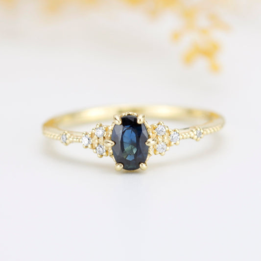 Teal sapphire engagement ring, Teal Peacock Sapphire and diamond engagement ring, oval teal ring, vintage teal sapphire ring| R 350TEALS