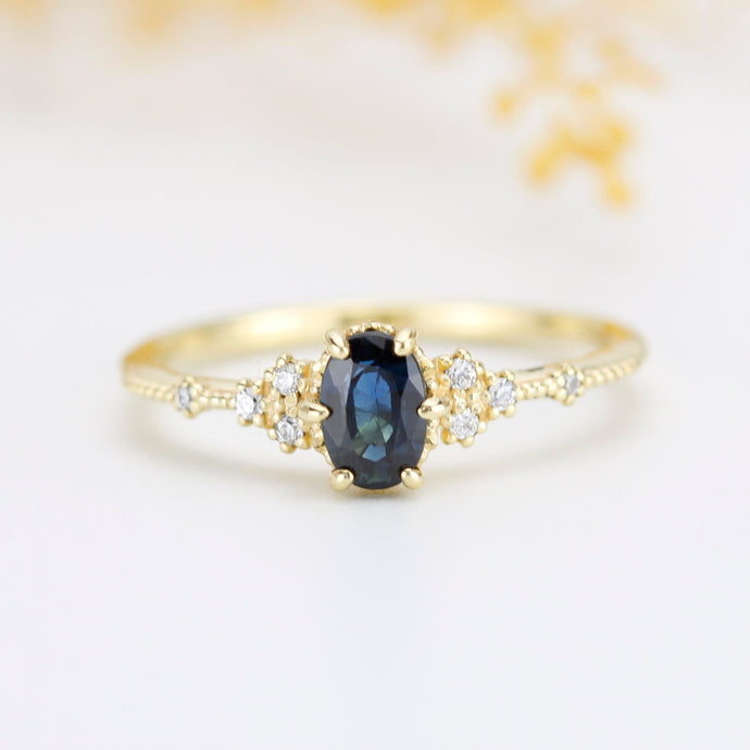 Teal sapphire engagement ring, Teal Peacock Sapphire and diamond engagement ring, oval teal ring, vintage teal sapphire ring| R 350TEALS