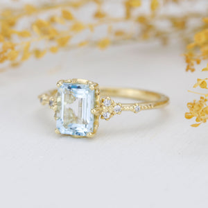 Emerald cut aquamarine engagement ring, statement aquamarine ring, engagement ring women| R348AQ