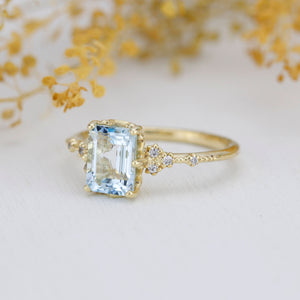 Emerald cut aquamarine engagement ring, statement aquamarine ring, engagement ring women| R348AQ