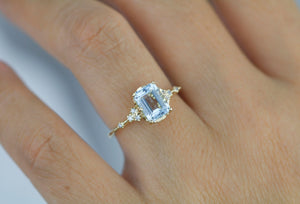 Emerald cut aquamarine engagement ring, statement aquamarine ring, engagement ring women| R348AQ