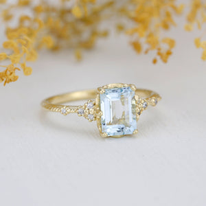 Emerald cut aquamarine engagement ring, statement aquamarine ring, engagement ring women| R348AQ