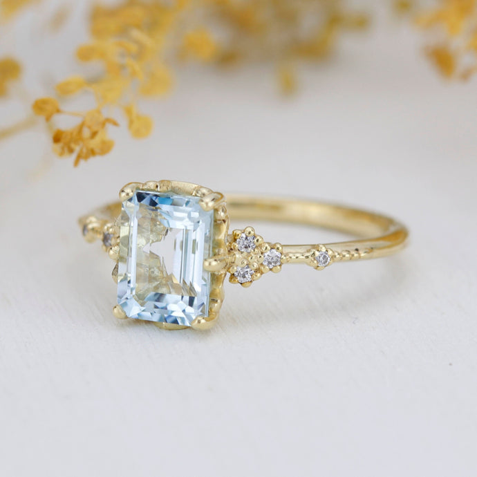 Emerald cut aquamarine engagement ring, statement aquamarine ring, engagement ring women| R348AQ