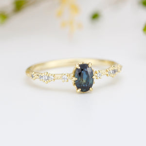 Teal Peacock Sapphire and diamond engagement ring, Teal sapphire engagement ring, vintage teal sapphire ring | R322TEALS