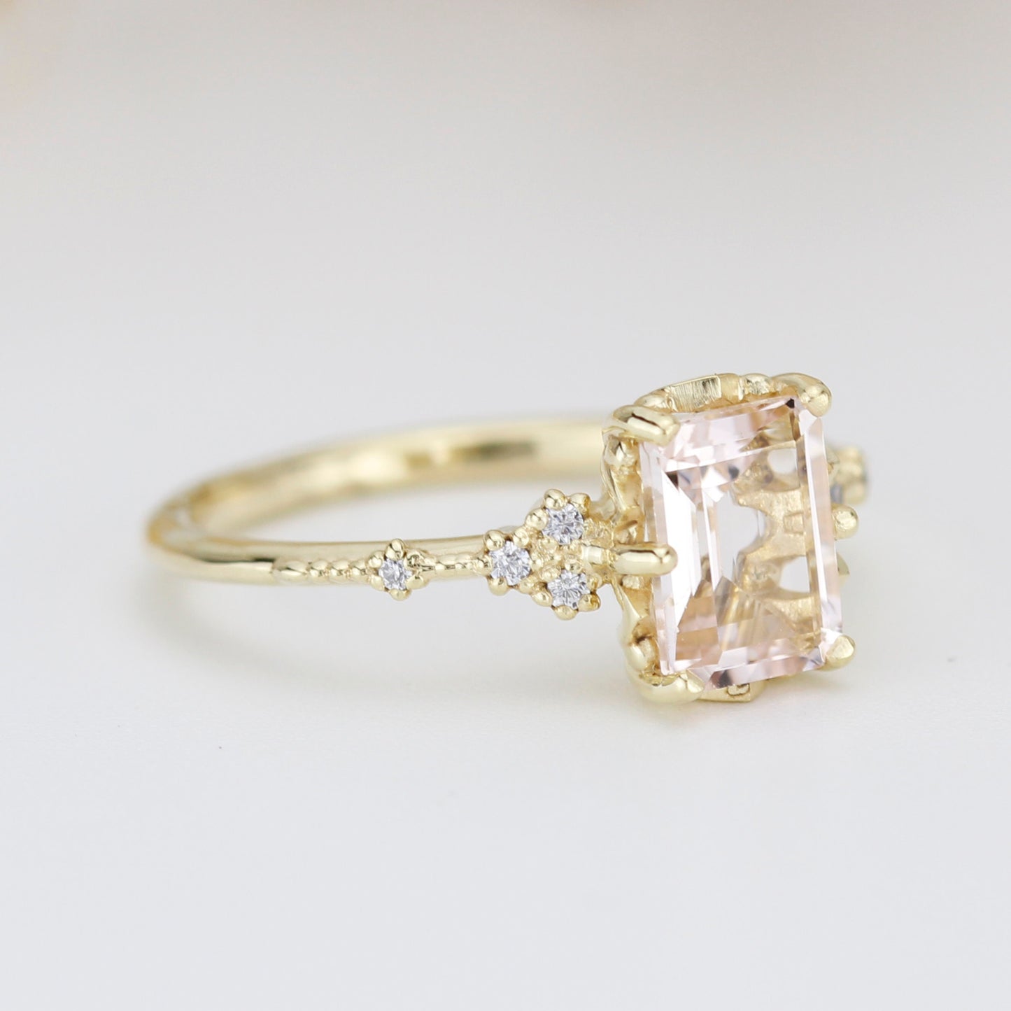 18k gold Morganite engagement ring, statement aquamarine ring, Emerald cut emerald cut vintage ring| R348MO