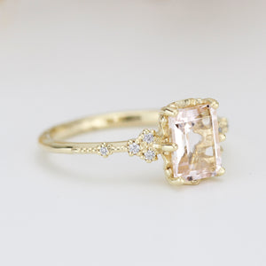 18k gold Morganite engagement ring, statement aquamarine ring, Emerald cut emerald cut vintage ring| R348MO