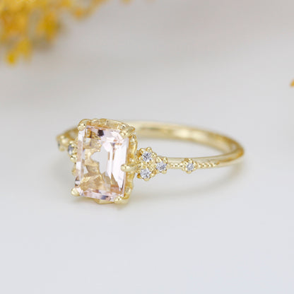 18k gold Morganite engagement ring, statement aquamarine ring, Emerald cut emerald cut vintage ring| R348MO