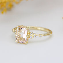 Load image into Gallery viewer, 18k gold Morganite engagement ring, statement aquamarine ring, Emerald cut emerald cut vintage ring| R348MO