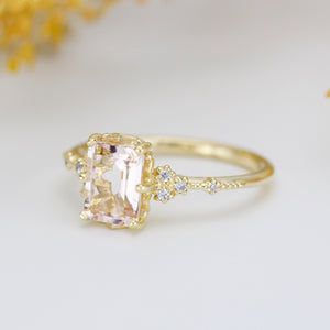 18k gold Morganite engagement ring, statement aquamarine ring, Emerald cut emerald cut vintage ring| R348MO
