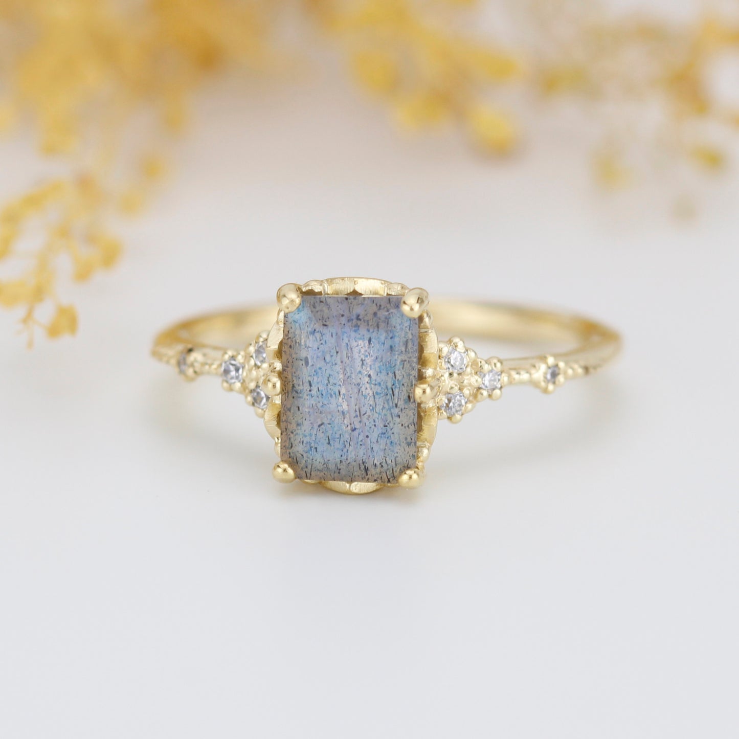Labradorite engagement ring, emerald cut labradorite, emerald cut vintage ring| R348LABR