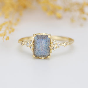 Labradorite engagement ring, emerald cut labradorite, emerald cut vintage ring| R348LABR