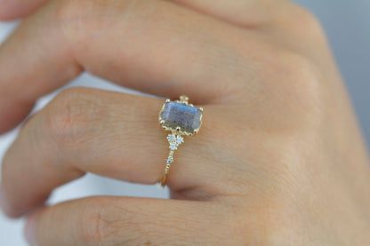 Labradorite engagement ring, emerald cut labradorite, emerald cut vintage ring| R348LABR