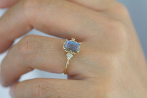 Labradorite engagement ring, emerald cut labradorite, emerald cut vintage ring| R348LABR