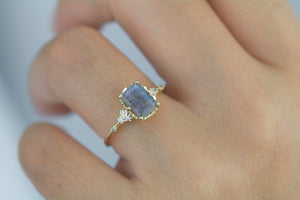 Labradorite engagement ring, emerald cut labradorite, emerald cut vintage ring| R348LABR