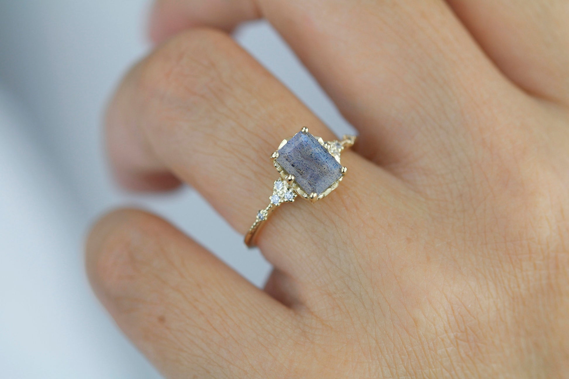 Labradorite engagement ring, emerald cut labradorite, emerald cut vintage ring| R348LABR