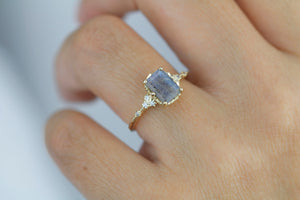 Labradorite engagement ring, emerald cut labradorite, emerald cut vintage ring| R348LABR