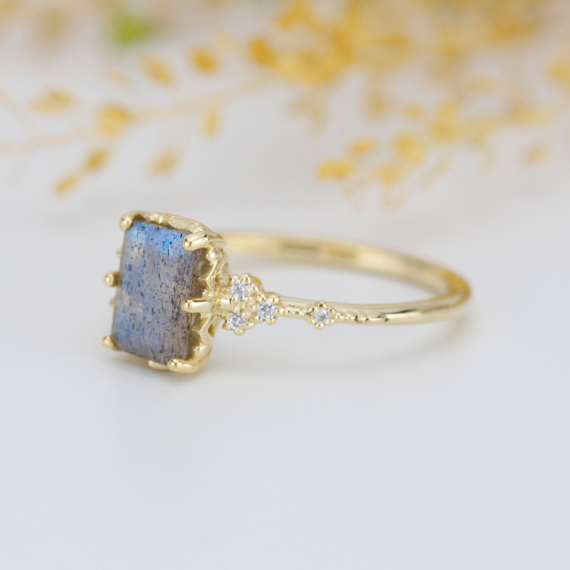 Labradorite engagement ring, emerald cut labradorite, emerald cut vintage ring| R348LABR