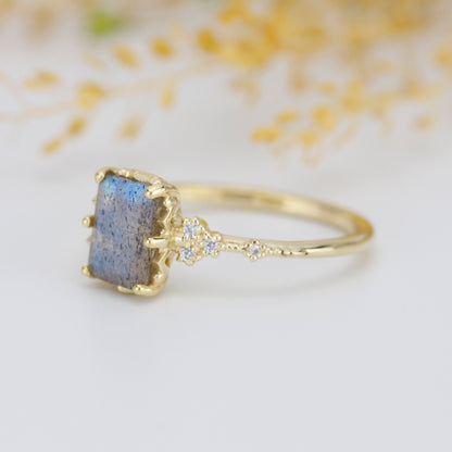 Labradorite engagement ring, emerald cut labradorite, emerald cut vintage ring| R348LABR