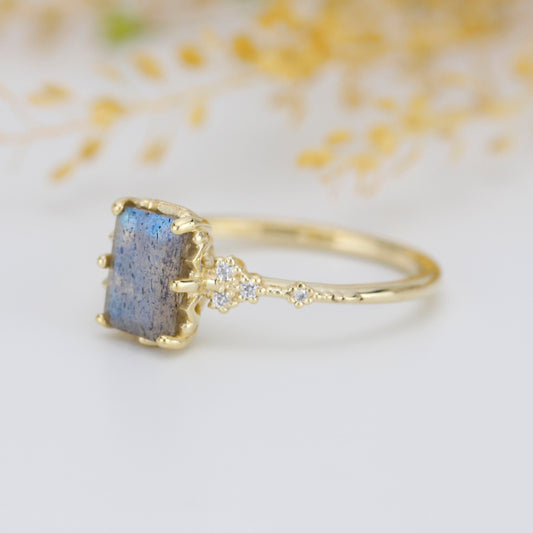 Labradorite engagement ring, emerald cut labradorite, emerald cut vintage ring| R348LABR