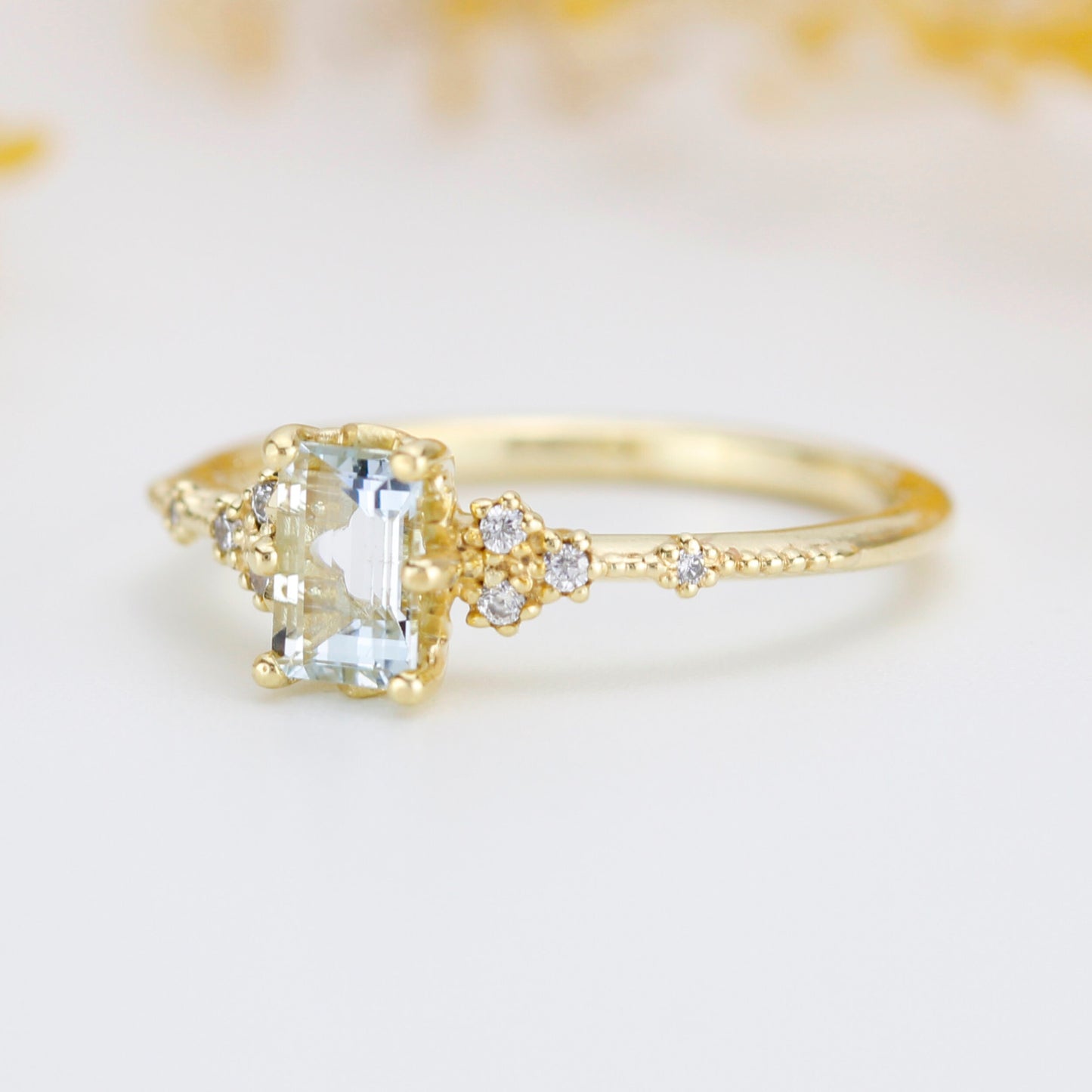 Aquamarine emerald cut engagement ring, diamond engagement ring ,nine stone ring, Gold diamond alternative ring, princess ring,nooi | R351AQ