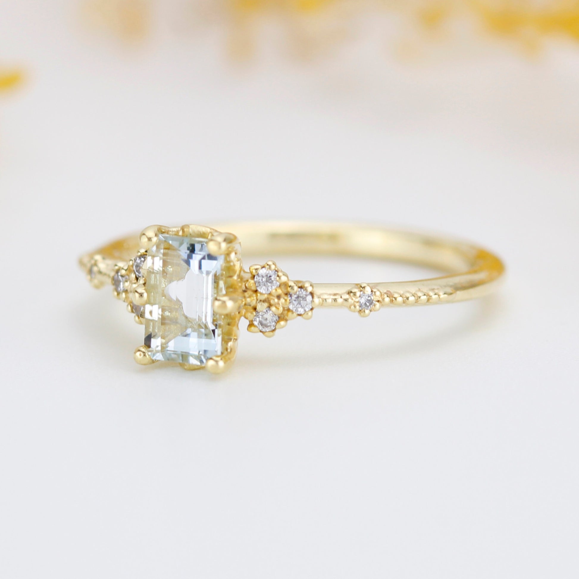 Aquamarine emerald cut engagement ring, diamond engagement ring ,nine stone ring, Gold diamond alternative ring, princess ring,nooi | R351AQ