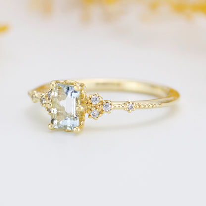Aquamarine emerald cut engagement ring, diamond engagement ring ,nine stone ring, Gold diamond alternative ring, princess ring,nooi | R351AQ
