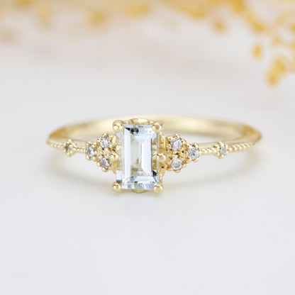Aquamarine emerald cut engagement ring, diamond engagement ring ,nine stone ring, Gold diamond alternative ring, princess ring,nooi | R351AQ