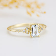 Load image into Gallery viewer, Aquamarine emerald cut engagement ring, diamond engagement ring ,nine stone ring, Gold diamond alternative ring, princess ring,nooi | R351AQ