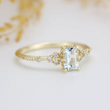 Load image into Gallery viewer, Aquamarine emerald cut engagement ring, diamond engagement ring ,nine stone ring, Gold diamond alternative ring, princess ring,nooi | R351AQ