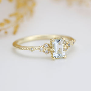 Aquamarine emerald cut engagement ring, diamond engagement ring ,nine stone ring, Gold diamond alternative ring, princess ring,nooi | R351AQ