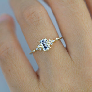 Aquamarine emerald cut engagement ring, diamond engagement ring ,nine stone ring, Gold diamond alternative ring, princess ring,nooi | R351AQ