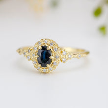 Load image into Gallery viewer, Oval teal Sapphire engagement ring, unique ring peacock sapphire, diamond halo ring, color change ring, cluster ring, leaf ring | R352TEALS