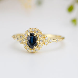 Oval teal Sapphire engagement ring, unique ring peacock sapphire, diamond halo ring, color change ring, cluster ring, leaf ring | R352TEALS