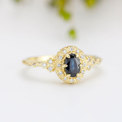 Oval teal Sapphire engagement ring, unique ring peacock sapphire, diamond halo ring, color change ring, cluster ring, leaf ring | R352TEALS