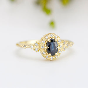 Oval teal Sapphire engagement ring, unique ring peacock sapphire, diamond halo ring, color change ring, cluster ring, leaf ring | R352TEALS
