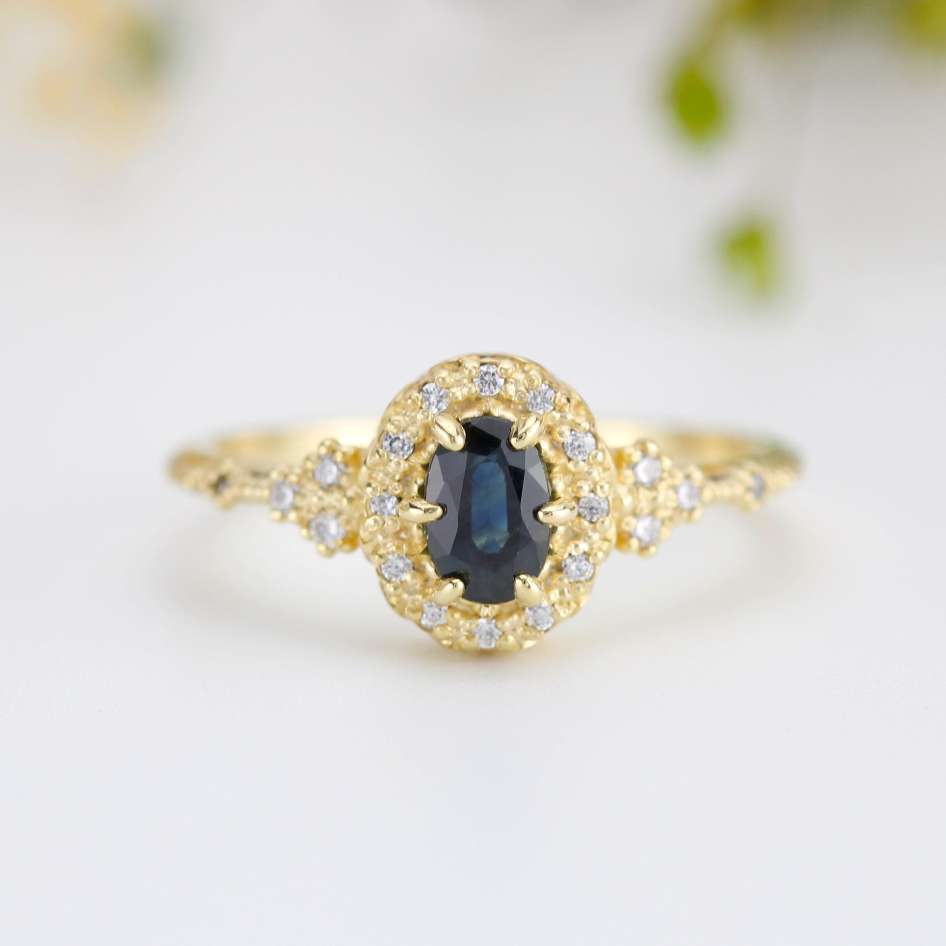 Oval teal Sapphire engagement ring, unique ring peacock sapphire, diamond halo ring, color change ring, cluster ring, leaf ring | R352TEALS