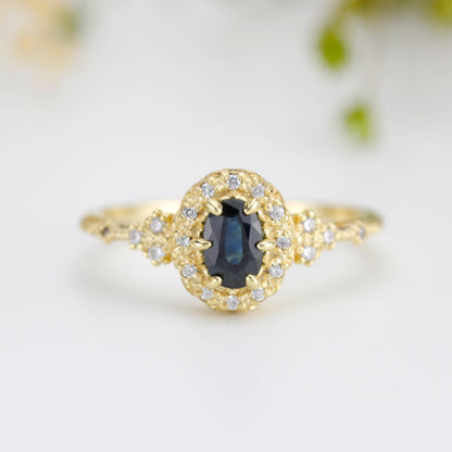 Oval teal Sapphire engagement ring, unique ring peacock sapphire, diamond halo ring, color change ring, cluster ring, leaf ring | R352TEALS