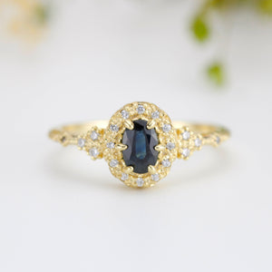 Oval teal Sapphire engagement ring, unique ring peacock sapphire, diamond halo ring, color change ring, cluster ring, leaf ring | R352TEALS