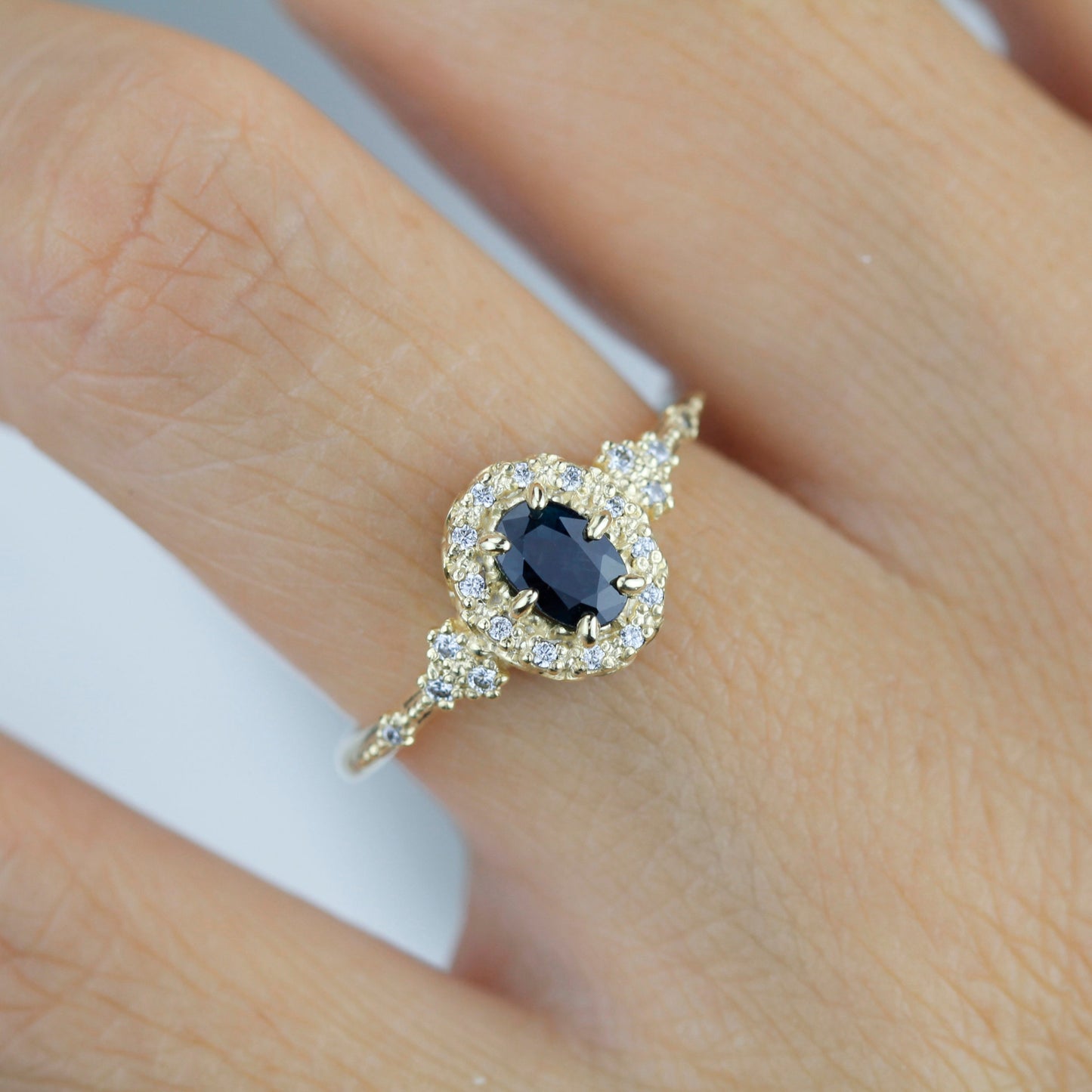 Oval teal Sapphire engagement ring, unique ring peacock sapphire, diamond halo ring, color change ring, cluster ring, leaf ring | R352TEALS