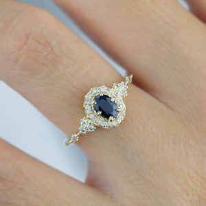 Oval teal Sapphire engagement ring, unique ring peacock sapphire, diamond halo ring, color change ring, cluster ring, leaf ring | R352TEALS